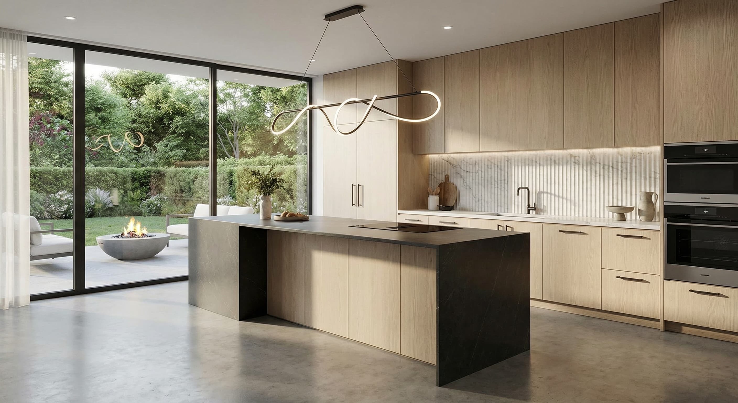 A bright contemporary kitchen with a dark island, warm wood cabinetry, and garden views.