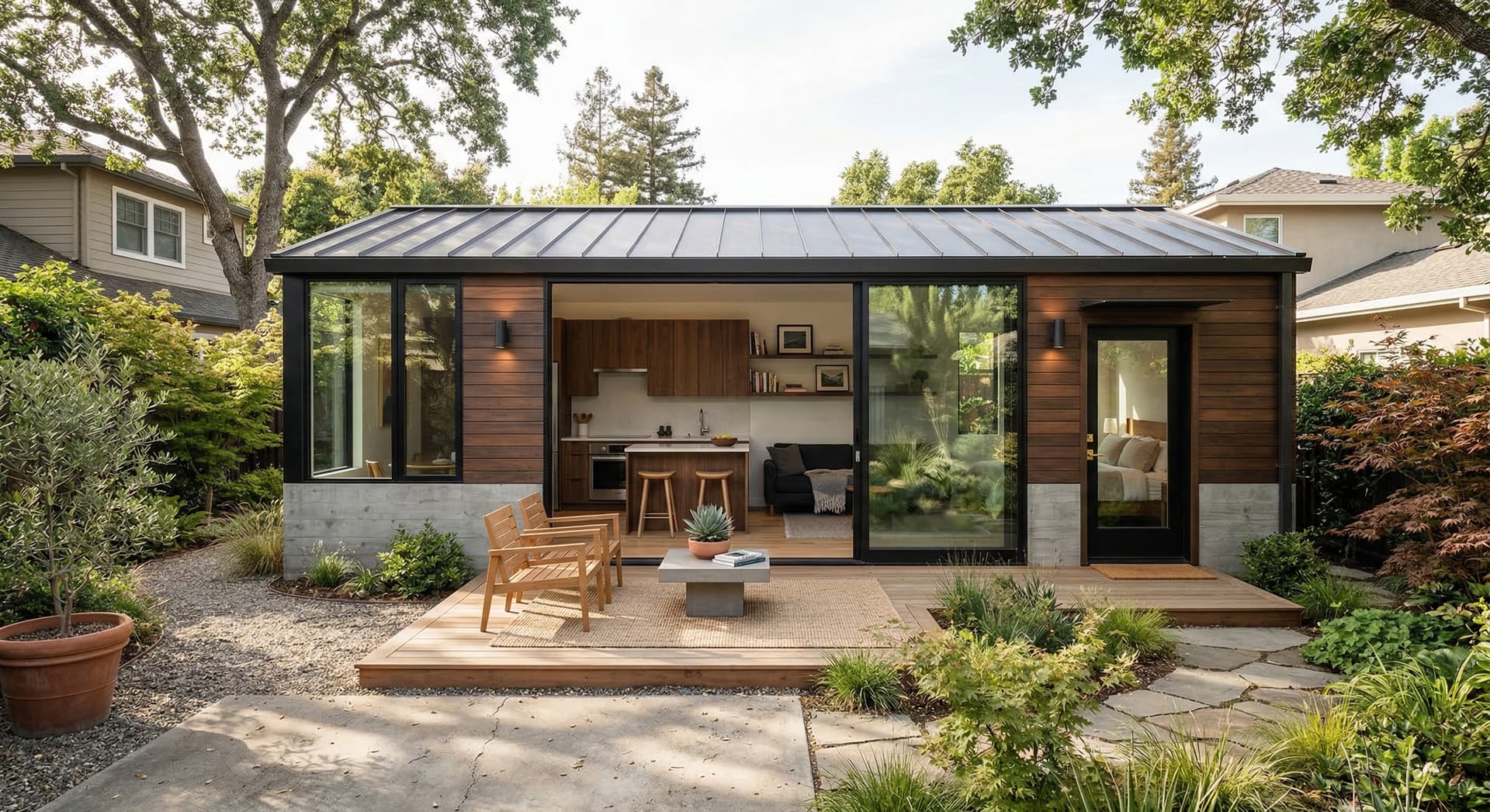 Modern design studio exterior with a warm, contemporary workspace feel