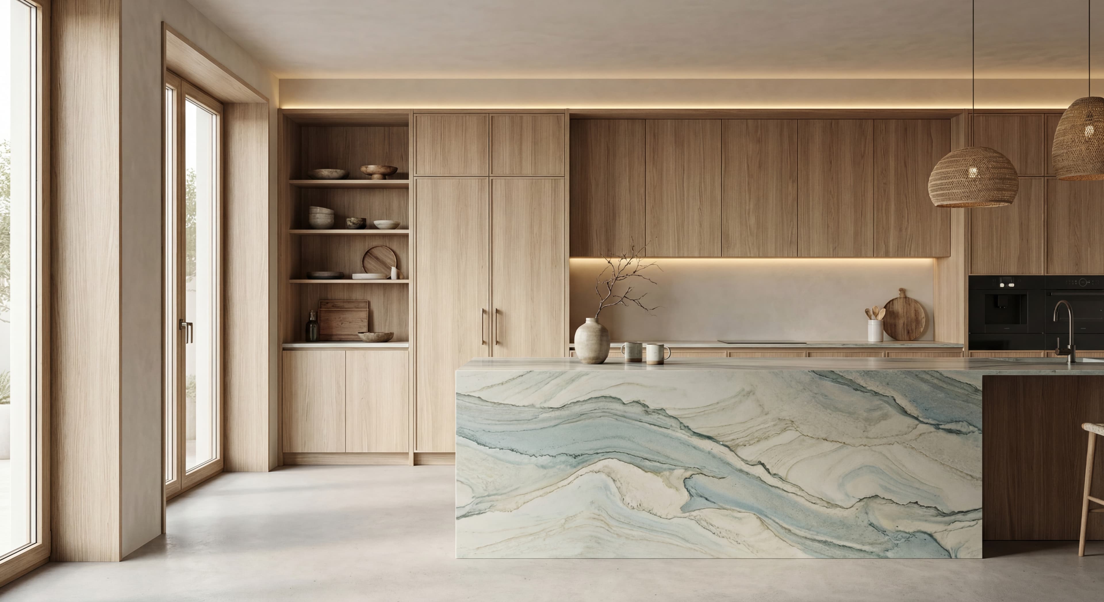 Warm minimalist kitchen with rich wood cabinetry and exposed beams