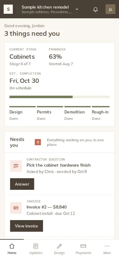 Client portal on a phone showing the project stage, progress and the items that need the client