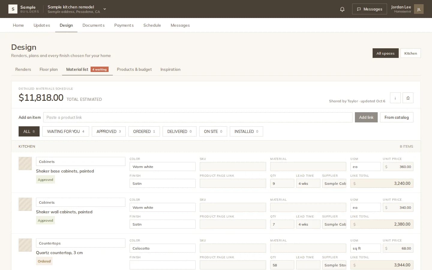 Client portal Design tab with the shared material list, statuses such as approved and ordered, quantities and line totals