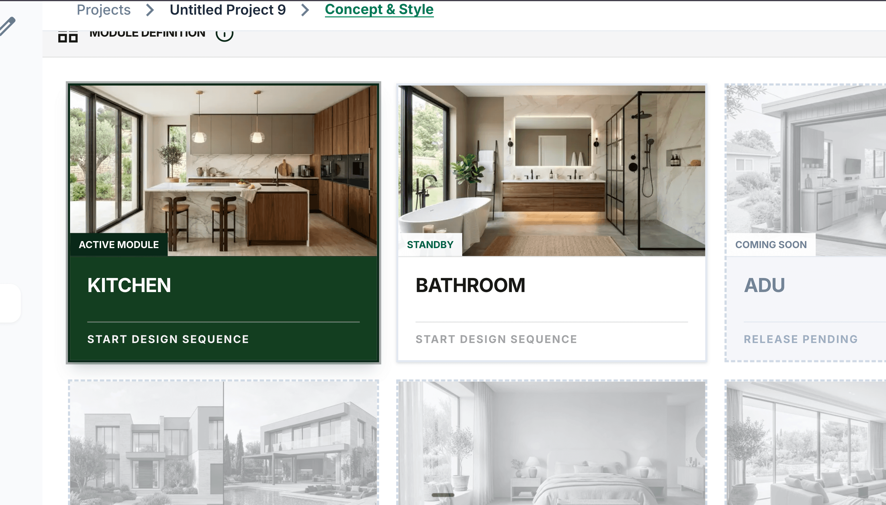 Collage of kitchen, bathroom, and living room design concepts.