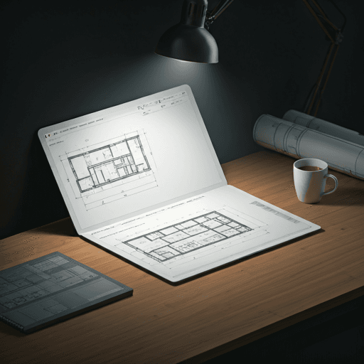 Laptop displaying a technical floor plan with rolled blueprints on a desk.