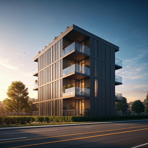 Grayscale architectural rendering of a modern building exterior.