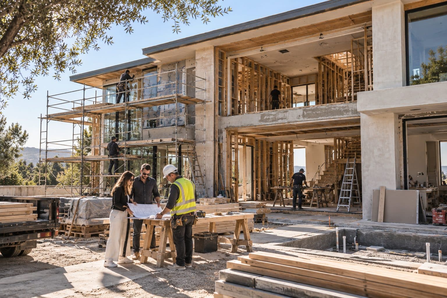 Home under construction with scaffolding and open framing