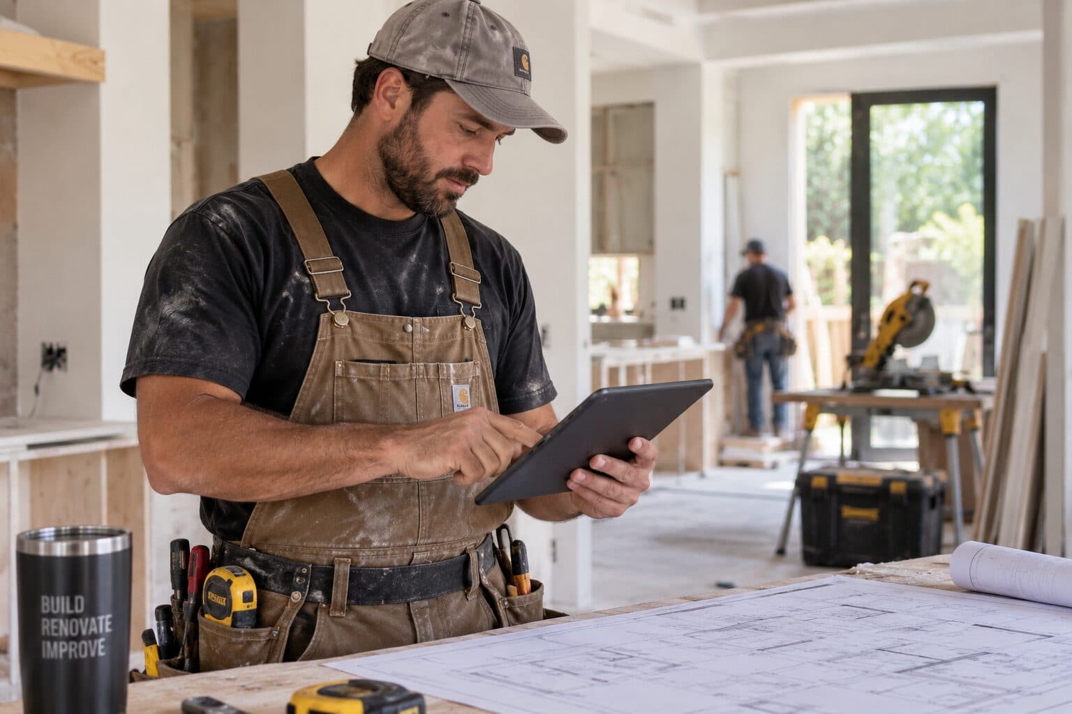 Contractor on site checking a plan on a tablet