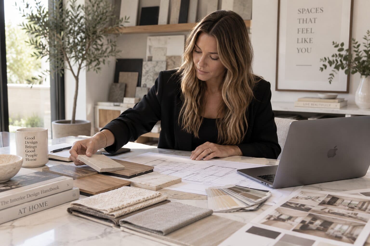 Interior designer laying out material and finish samples on a table