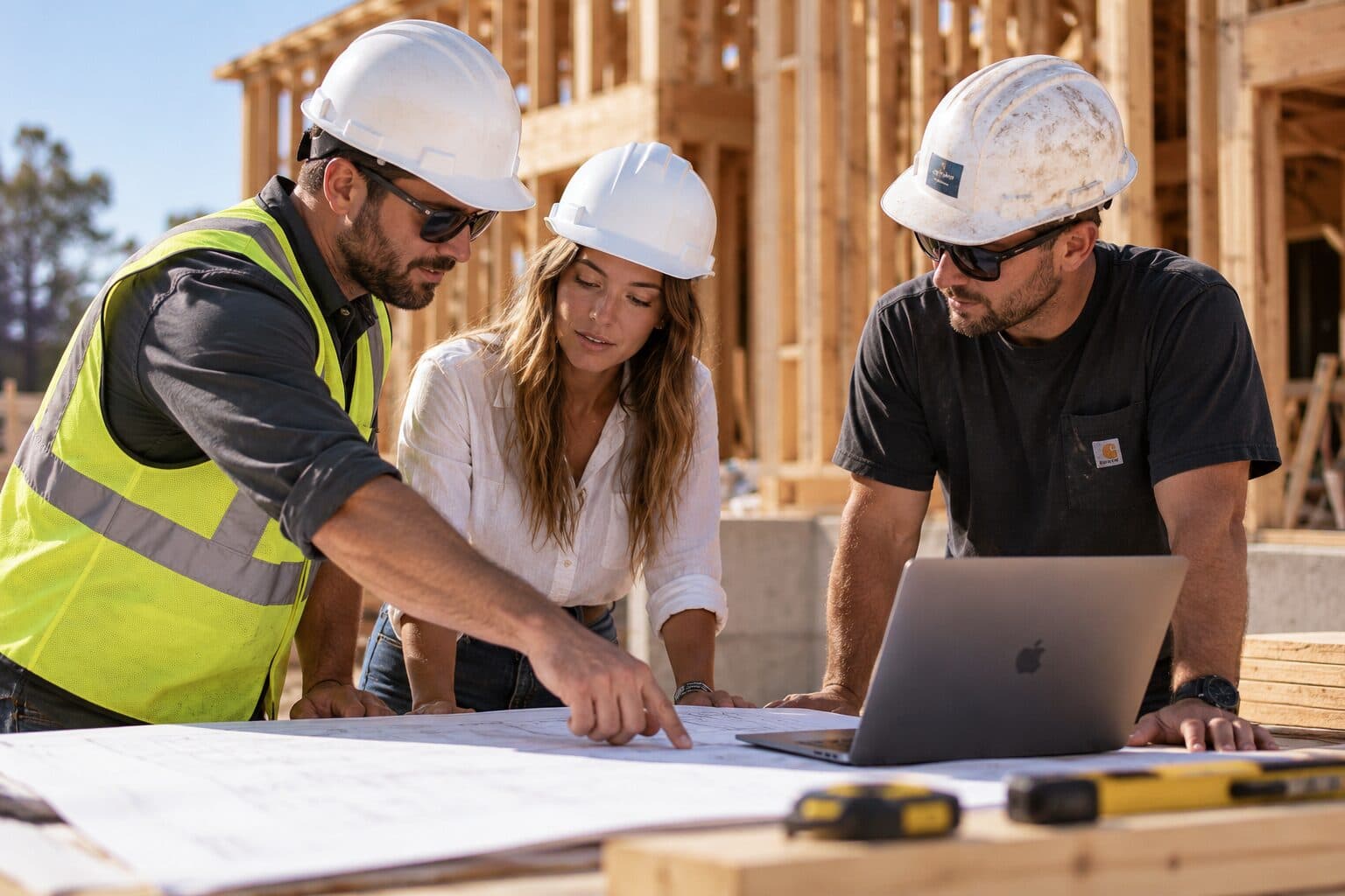 Project manager reviewing a schedule and floor plans