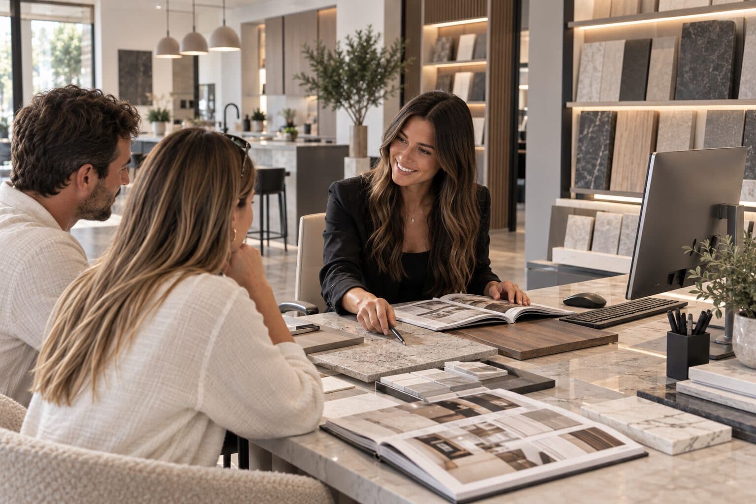 Salesperson showing a kitchen layout to a client