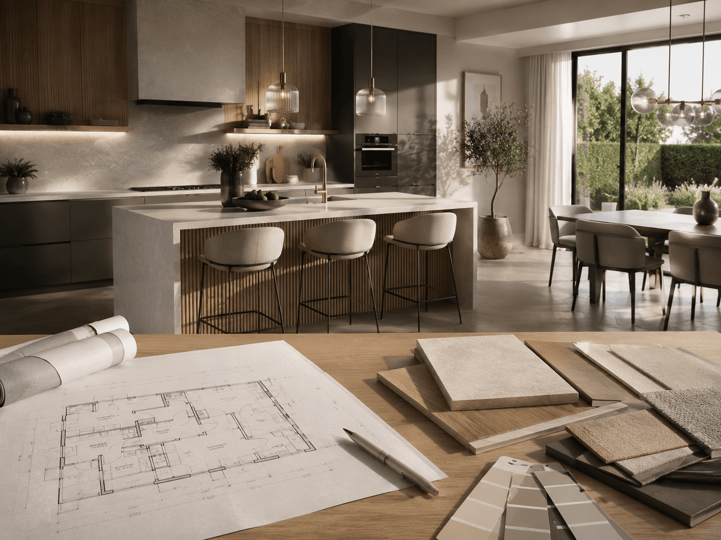 Architectural blueprints and remodeling plans on a workspace desk