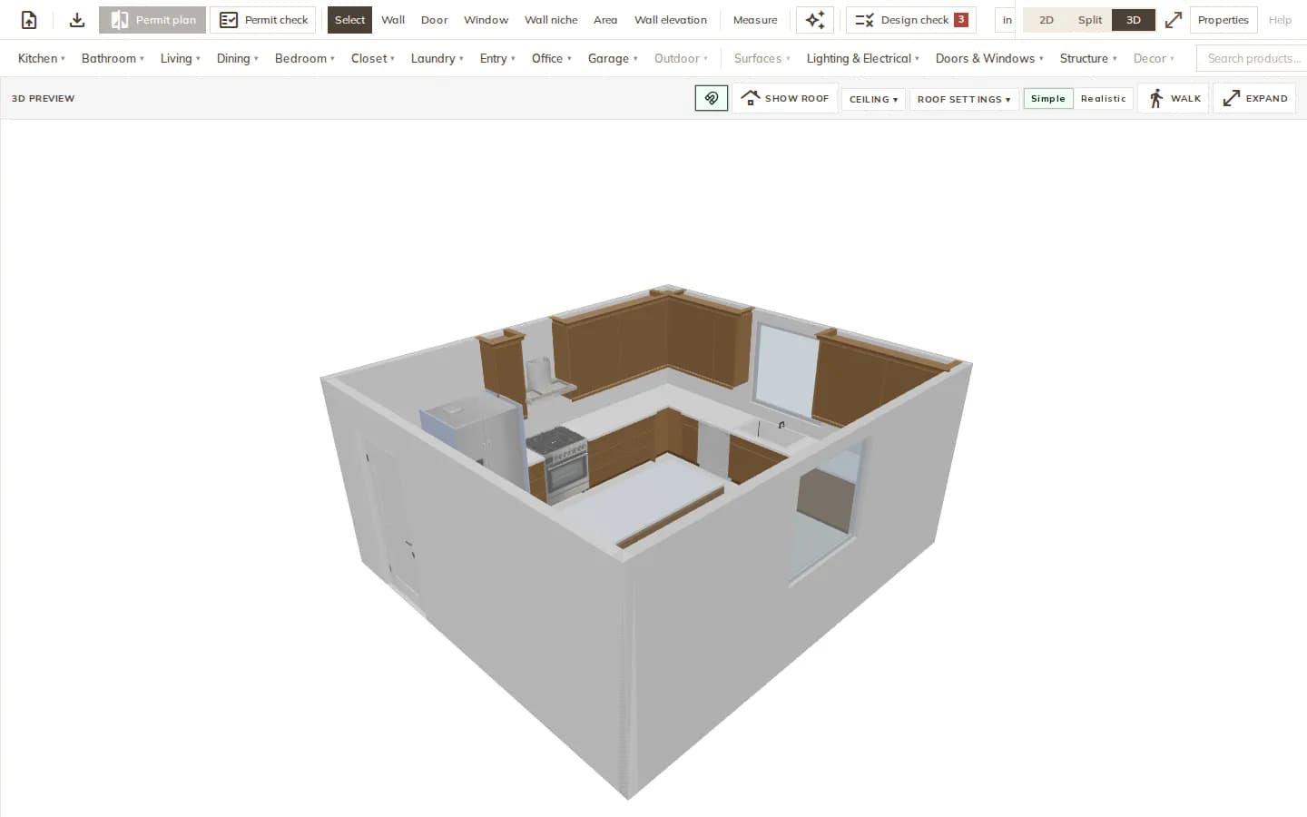 The 3D scene of a sample kitchen that a render is built from, with walls, windows, cabinets and appliances in place