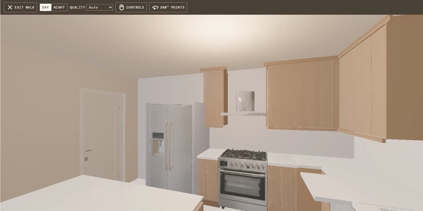Walk mode in Modula: an eye-height view of a sample kitchen with the refrigerator, range, hood and upper cabinets, with day and night and 360° points controls
