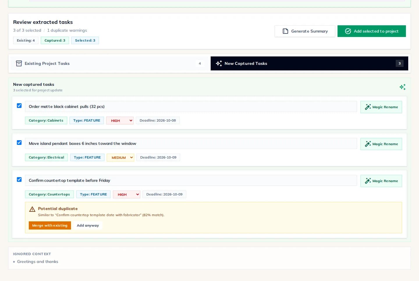 Review extracted tasks: three captured tasks with category, priority and deadline, one flagged as a potential duplicate with Merge with existing and Add anyway