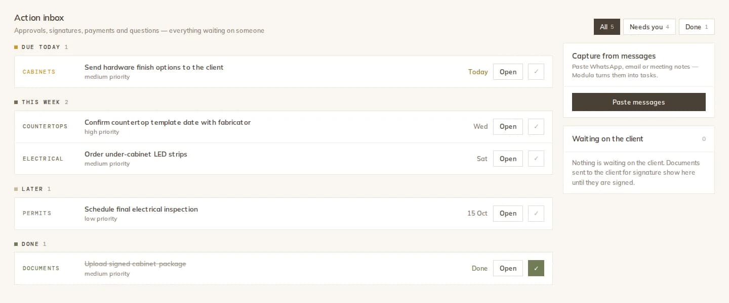 Action Inbox of a sample project with tasks grouped as due today, this week, later and done, and the Paste messages button