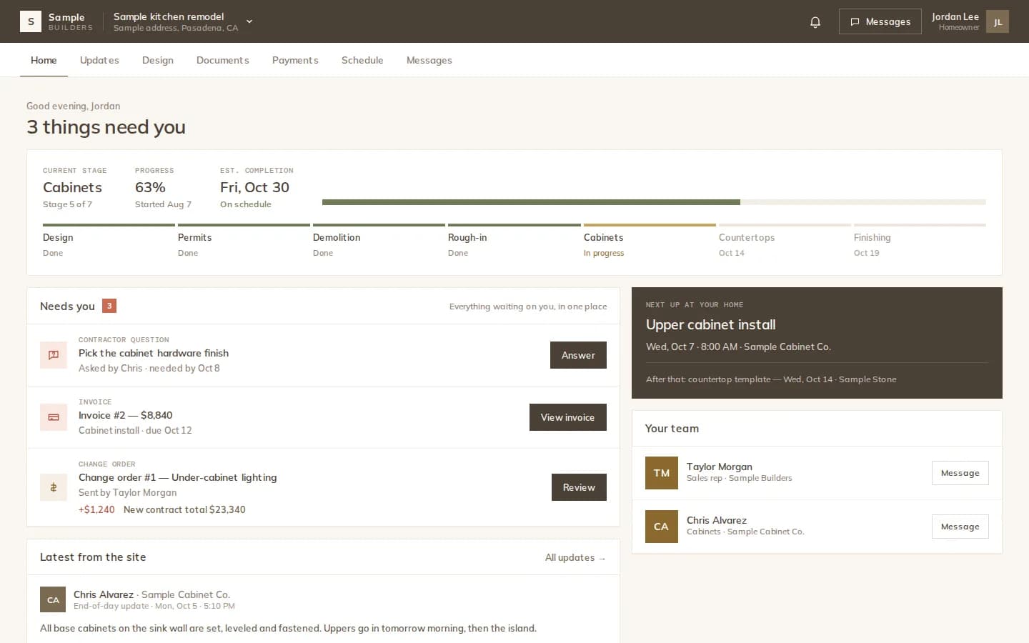 The client portal of a sample project, one of the views each person gets