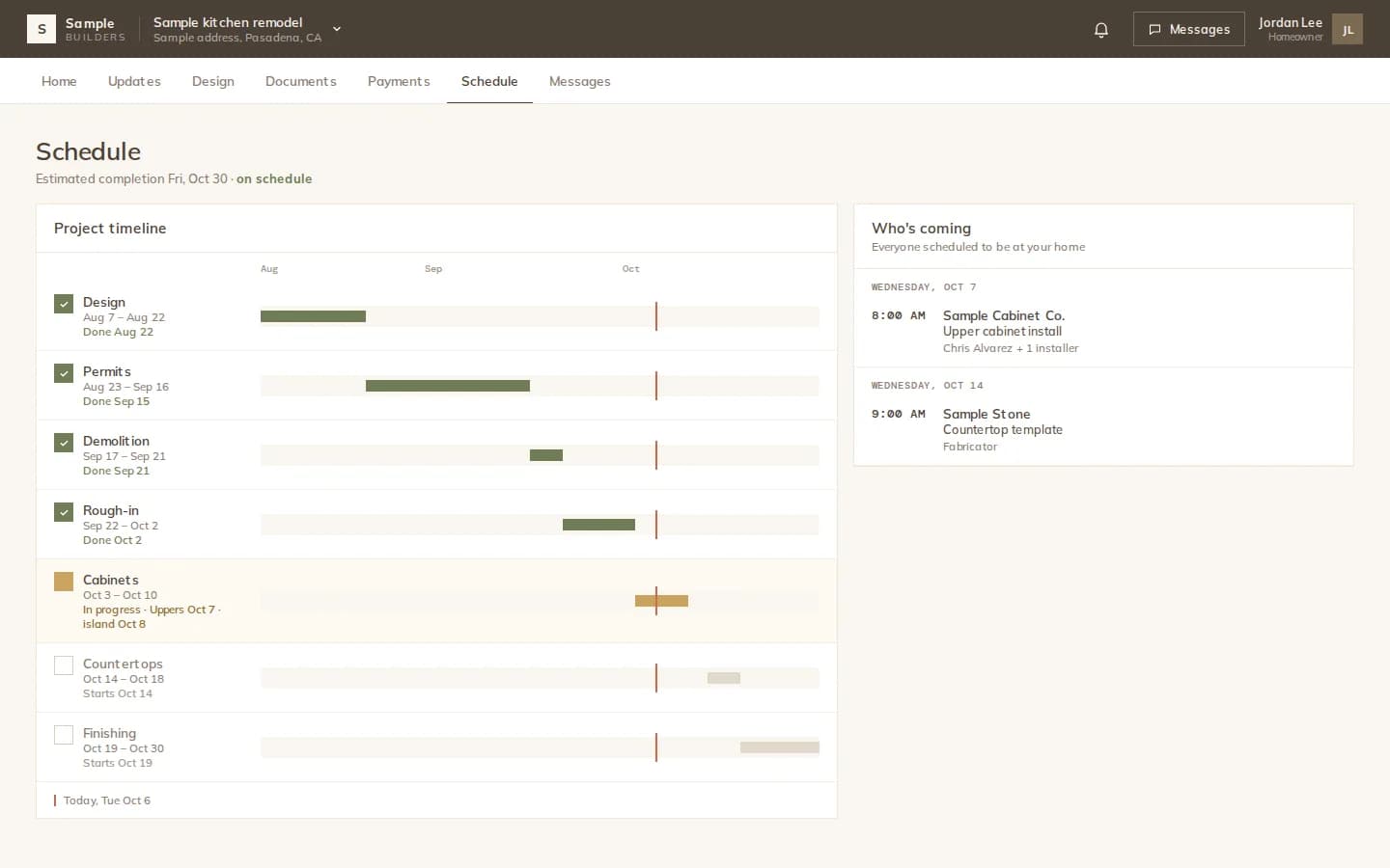 Project timeline with stages, done dates and the current stage in progress, plus the visits coming up at the home