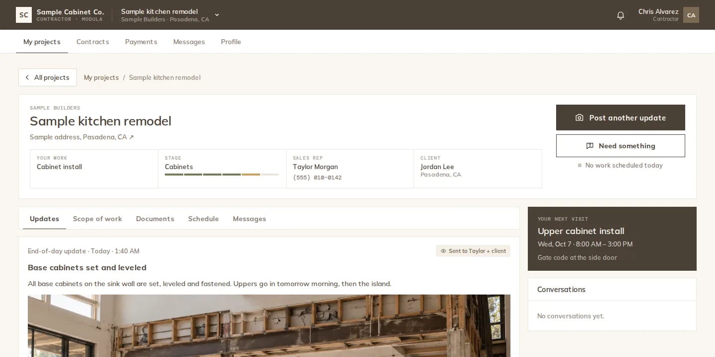 Contractor portal project page: the contractor's work, the current stage, the sales rep and client, Post today's update, and the next visit
