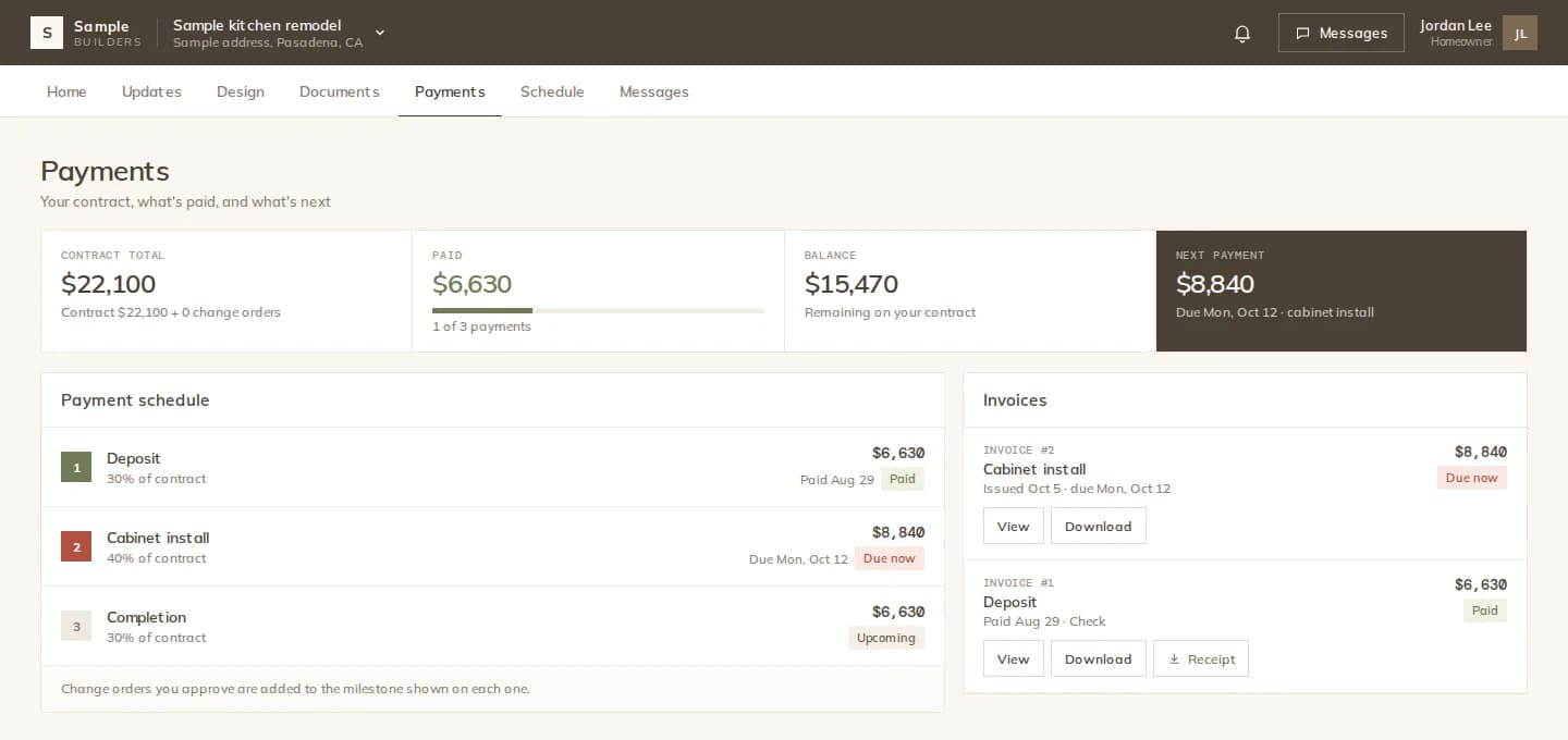 Payments in the client portal of a sample project: contract total, paid, balance, next payment, the payment schedule and invoices with receipts