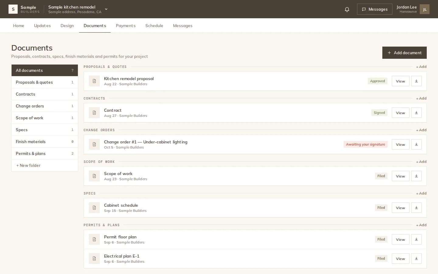 Documents shared with a client in the portal, filed under proposals, contracts, change orders, scope of work, specs and permits, with their status