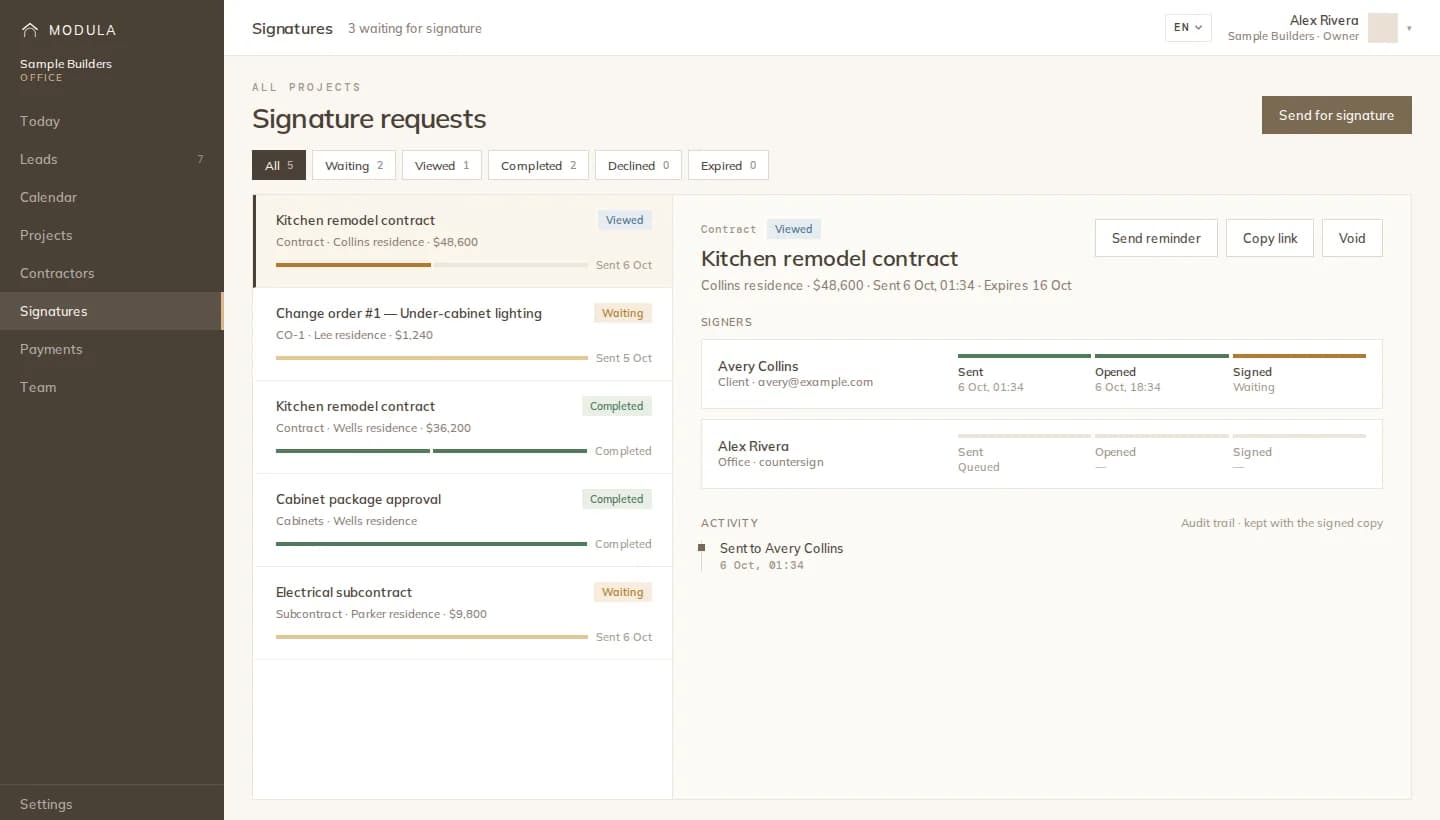 Signatures screen in the Modula office app: signature requests with their status, and a contract's signers with sent, opened and signed steps
