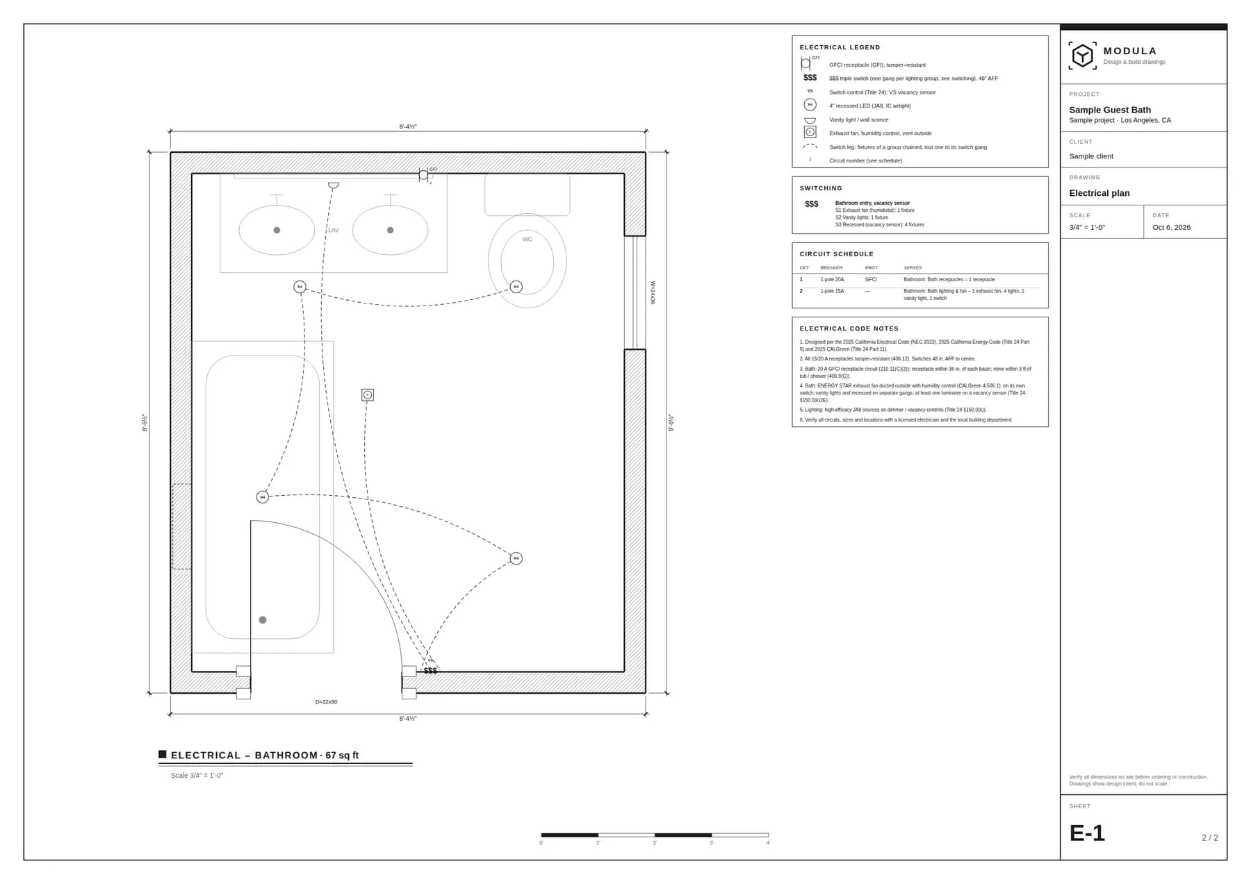 E-1 electrical sheet for a sample guest bath with GFCI receptacle, exhaust fan, vanity light and recessed lights on separate switches