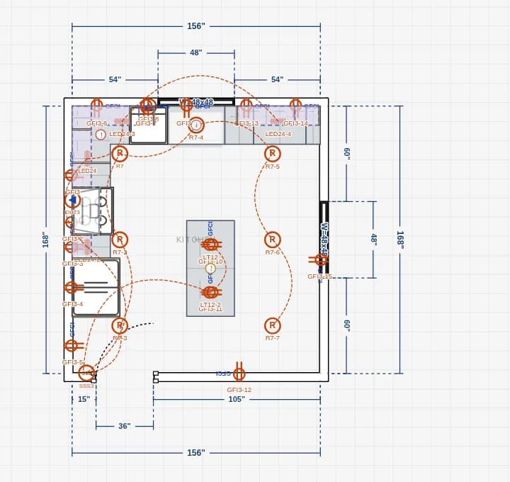 The electrical layer in the Modula floor plan editor on a sample kitchen: GFCI receptacles, recessed lights with switch legs and island receptacles