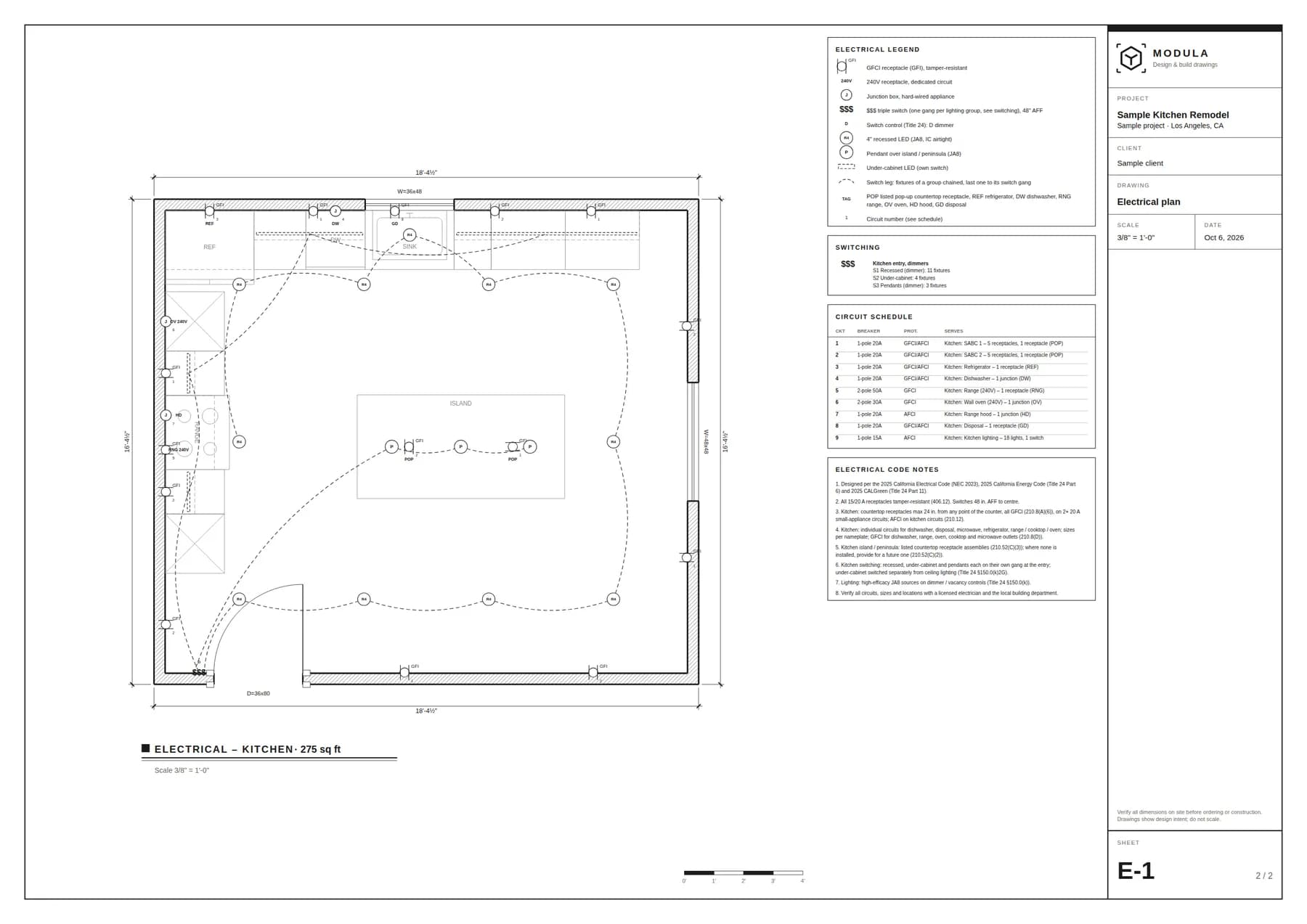 E-1 electrical sheet generated by Modula for a sample kitchen: receptacles, recessed lights, pendants, switch legs, electrical legend, switching, circuit schedule and code notes