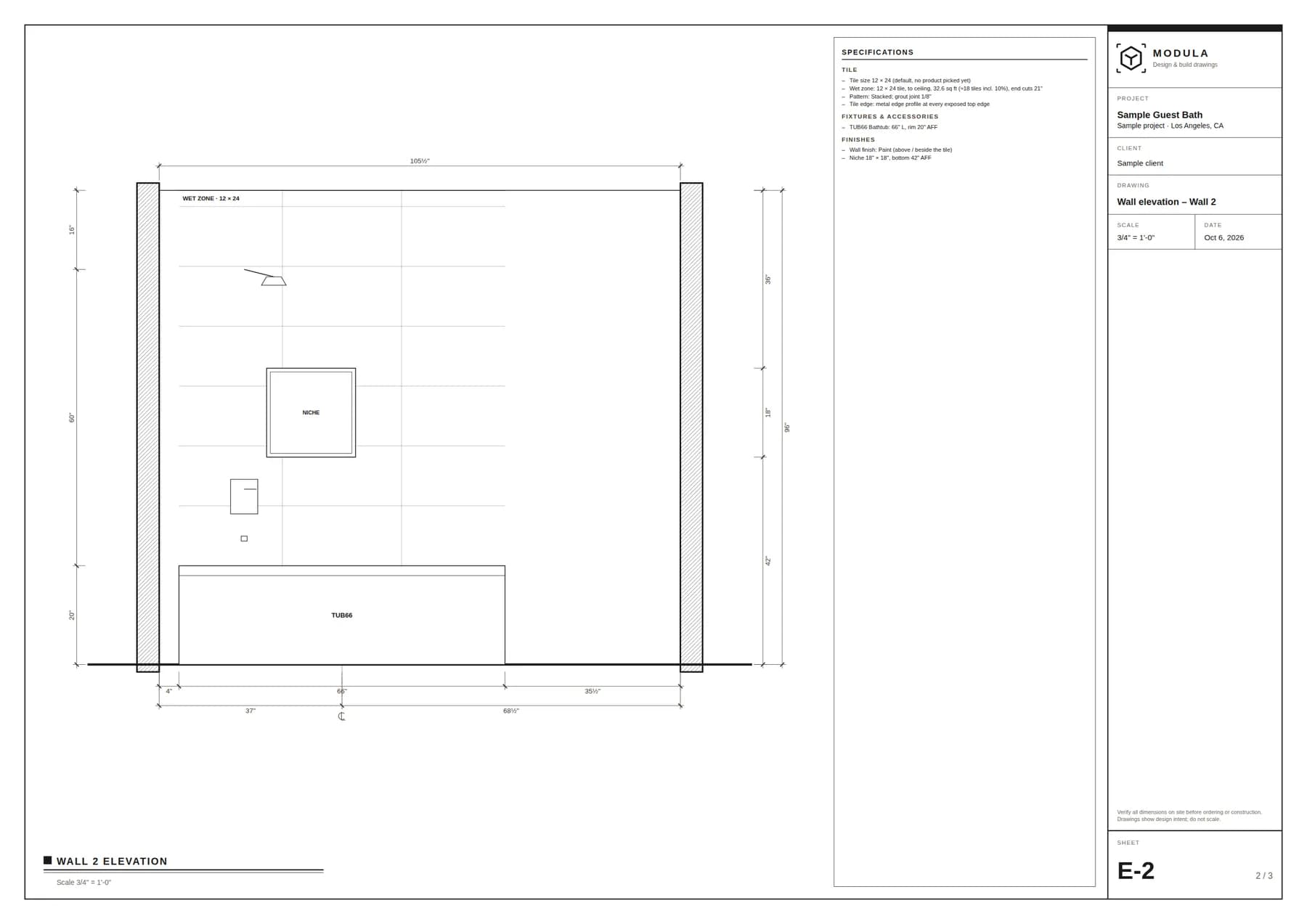 Bathroom wall elevation with the tub, a niche, tile zones and a specifications list for tile, fixtures and finishes