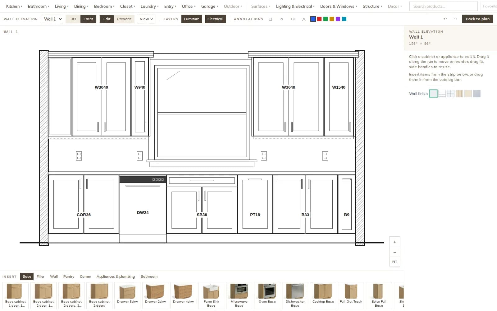 Wall elevation studio in Modula: a sample kitchen wall drawn in black line with cabinet codes, a catalog strip to insert cabinets and an inspector panel
