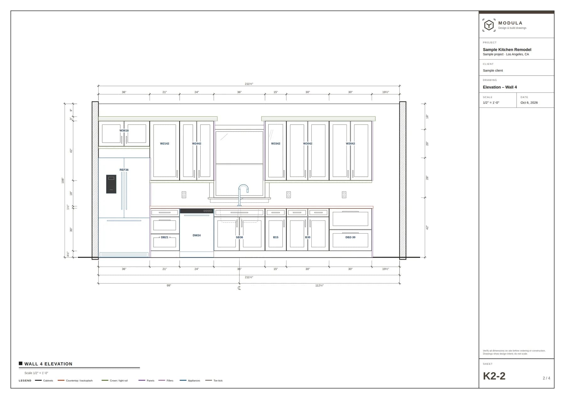 Kitchen wall elevation sheet with cabinet and appliance codes, dimension strings above and below, heights at the side and a part color legend