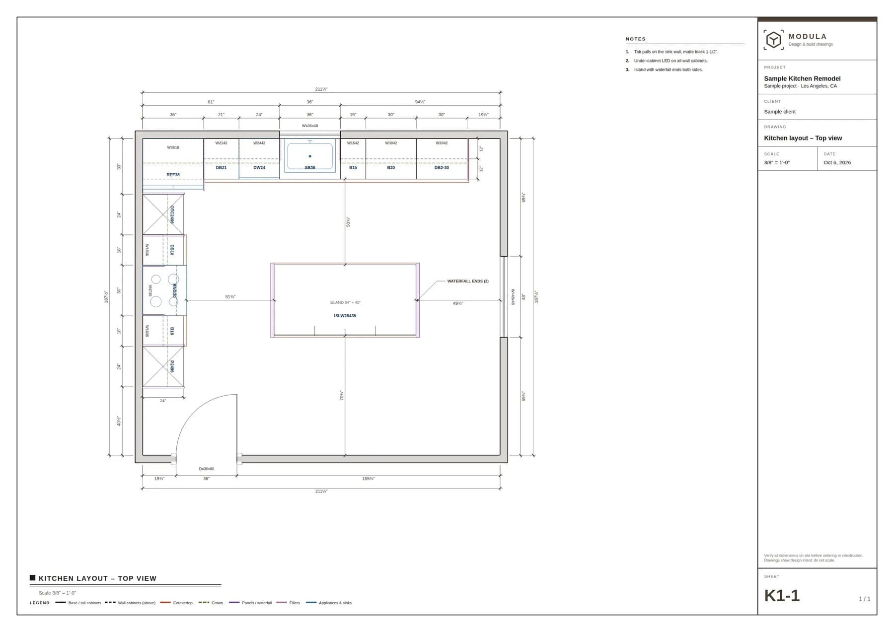 Kitchen layout top view sheet with cabinet codes, dimension strings for each wall, island distances, waterfall ends and notes