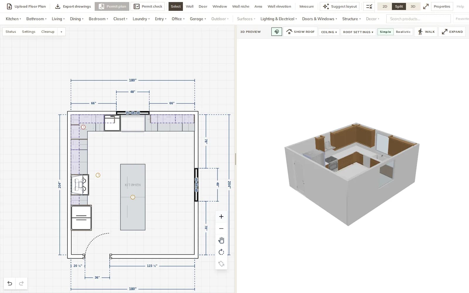 A sample kitchen in the Modula floor plan editor, drawn in 2D with the 3D model beside it