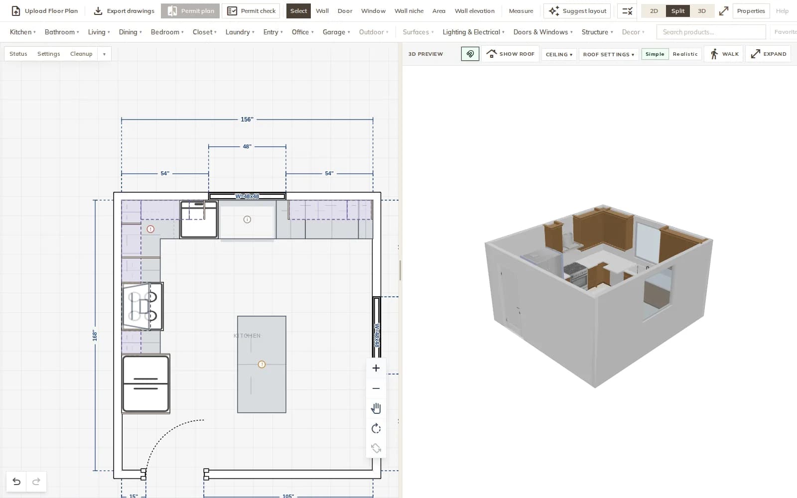 Close-up of a sample kitchen plan in the Modula editor with wall dimensions, window sizes and an island