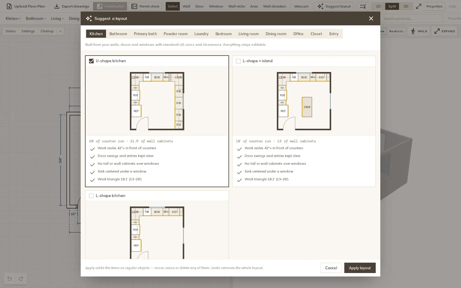 Suggest a layout dialog in Modula listing U-shape, L-shape with island and other kitchen options for a sample room, each with counter run, wall cabinets and passed checks