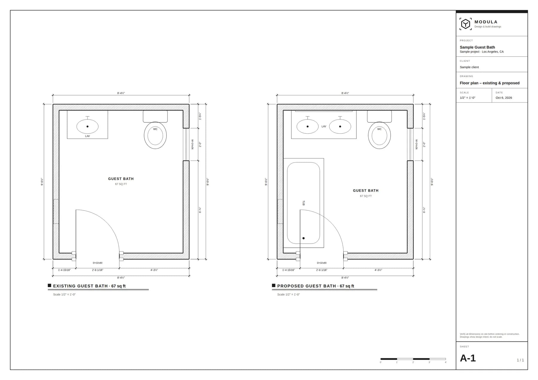 Permit sheet A-1 with the existing and proposed floor plans of a sample 67 square foot guest bath side by side, with dimensions and a title block