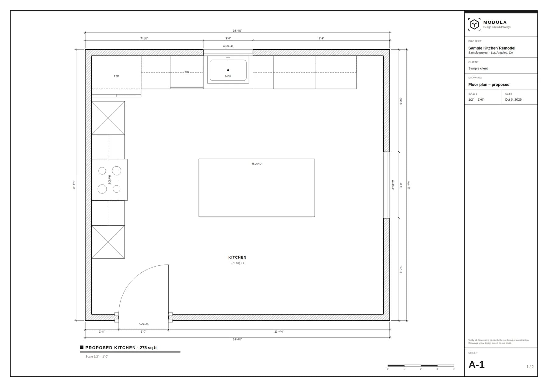 Black and white permit floor plan of a sample kitchen with dimensions, plumbing fixtures, room label and area caption