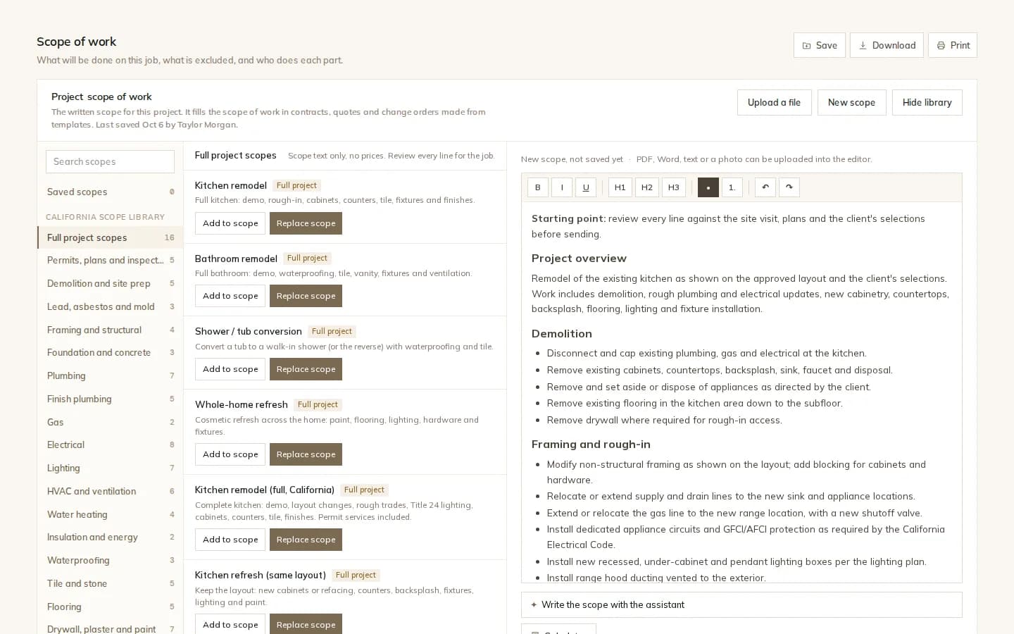 Scope of work tab in Modula with the California scope library by trade on the left, full project scopes in the middle and the editor with a kitchen remodel scope on the right