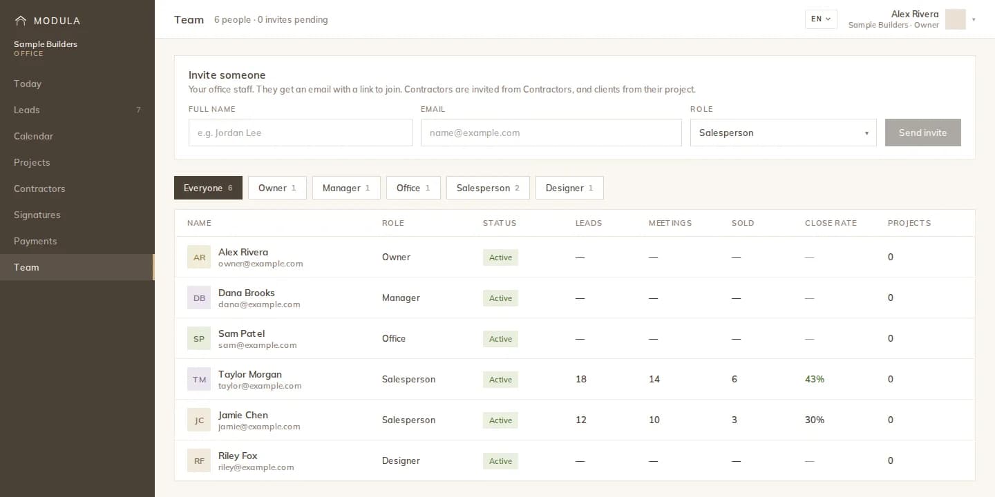 Team screen of the office app with an invite form and team members by role: owner, manager, office, salesperson and designer, with sales metrics